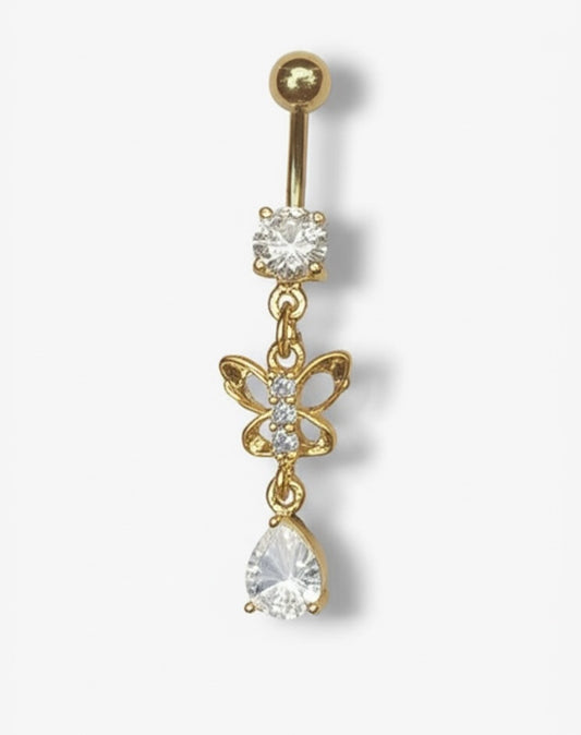 14G Butterfly Belly Ring with CZ Pear Dangle – Surgical Steel