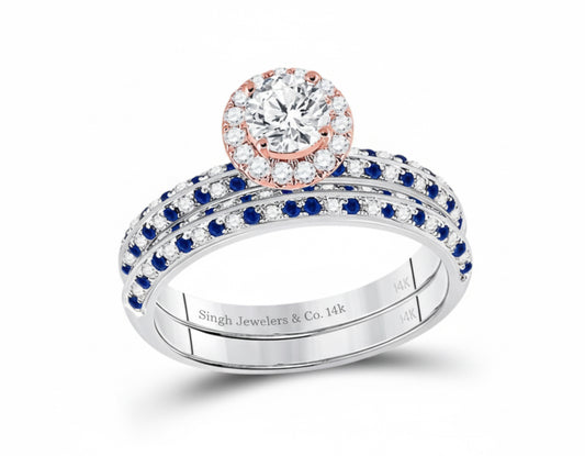 14K two-tone gold bridal ring set with diamonds and sapphires
