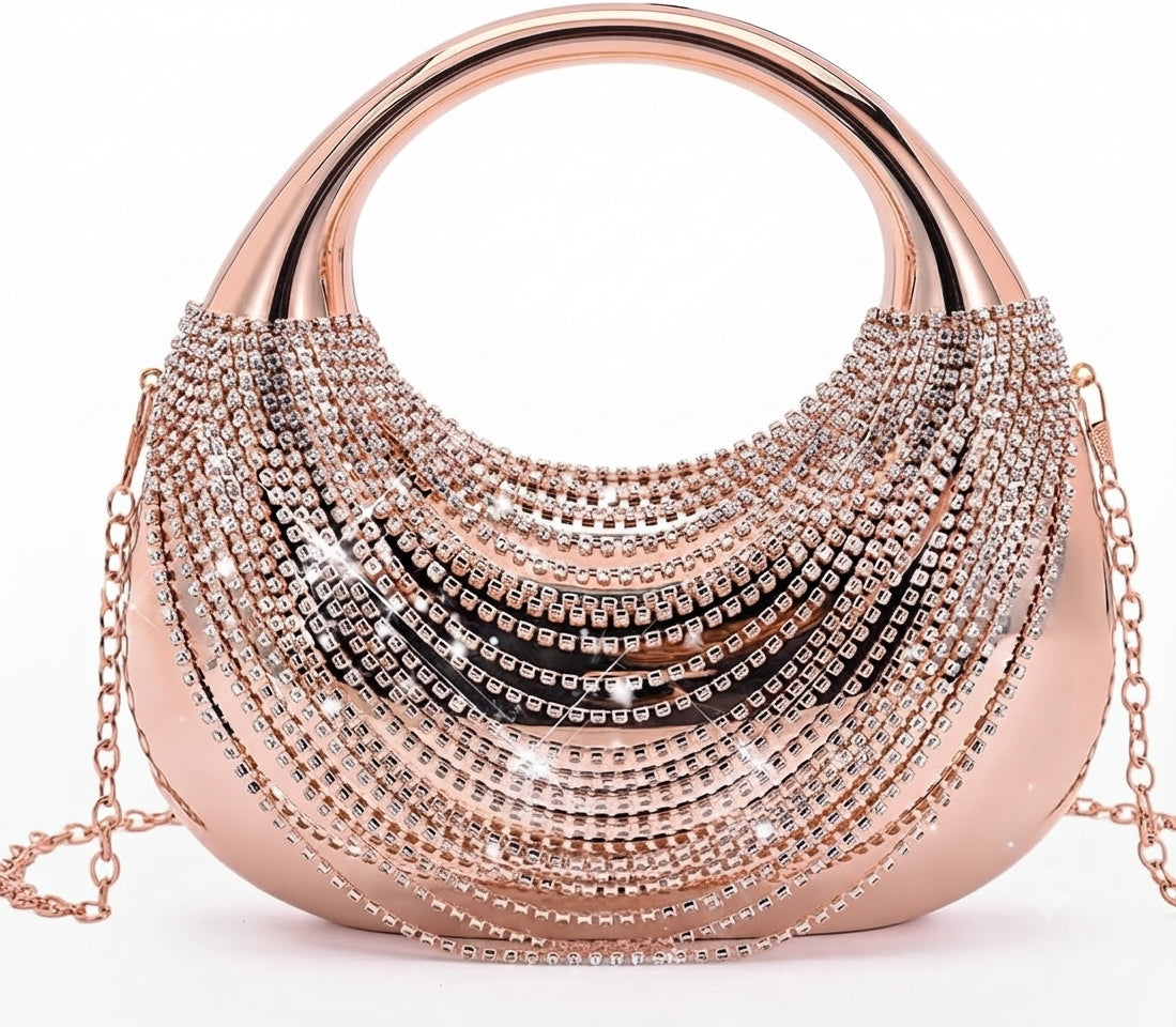 Champagne rhinestone crescent evening clutch purse with chain strap