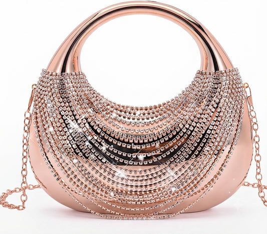 Champagne rhinestone crescent evening clutch purse with chain strap