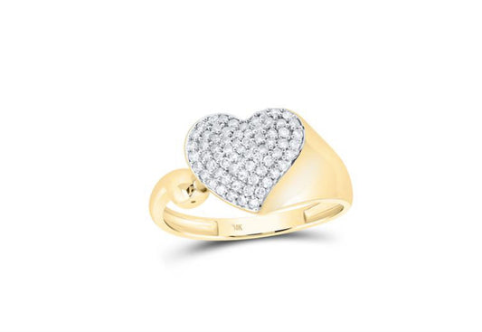 Close-up of the round-cut diamonds on the 10K yellow gold twirl heart diamond ring, totaling 1/3 Cttw