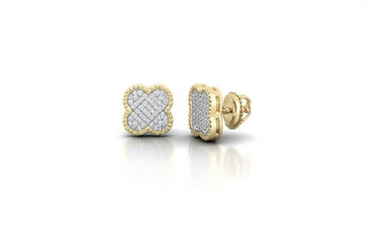 Gold earrings with diamond accents on a white background