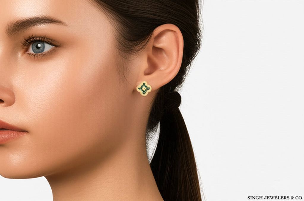 Woman Wearing 14K Gold Clover Gemstone Earrings