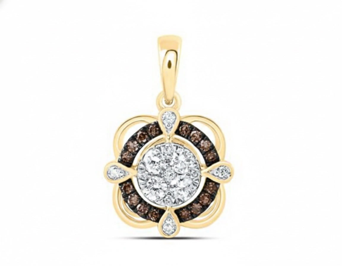 Gold pendant with central diamond and smaller brown and white diamonds on a white background