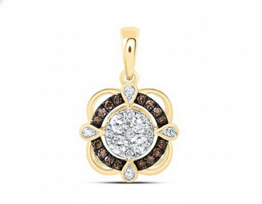 Gold pendant with central diamond and smaller brown and white diamonds on a white background