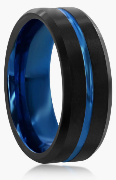Interior blue polish of comfort-fit tungsten wedding ring size 15