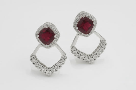 Sterling silver dangle earrings with cushion-cut synthetic ruby and cubic zirconia accents
