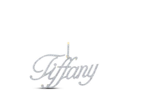Tiffany-style diamond name necklace close-up on white background