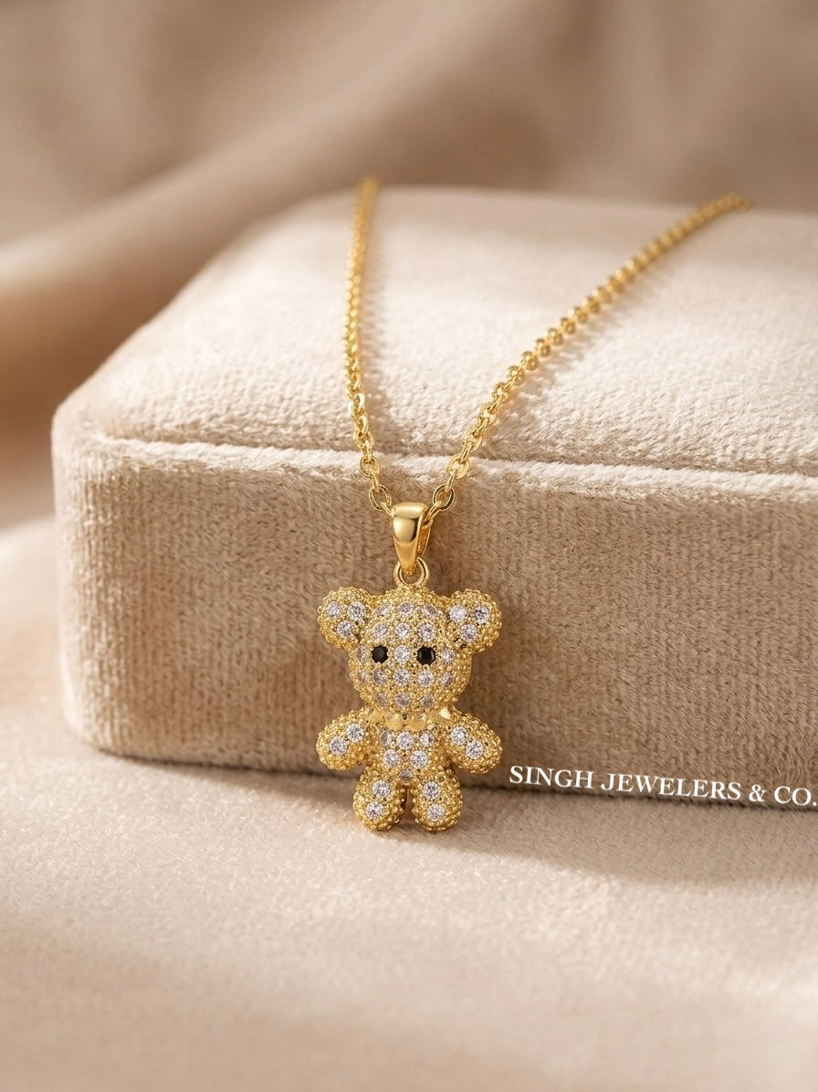 Stainless steel gold teddy bear necklace with 18-inch chain