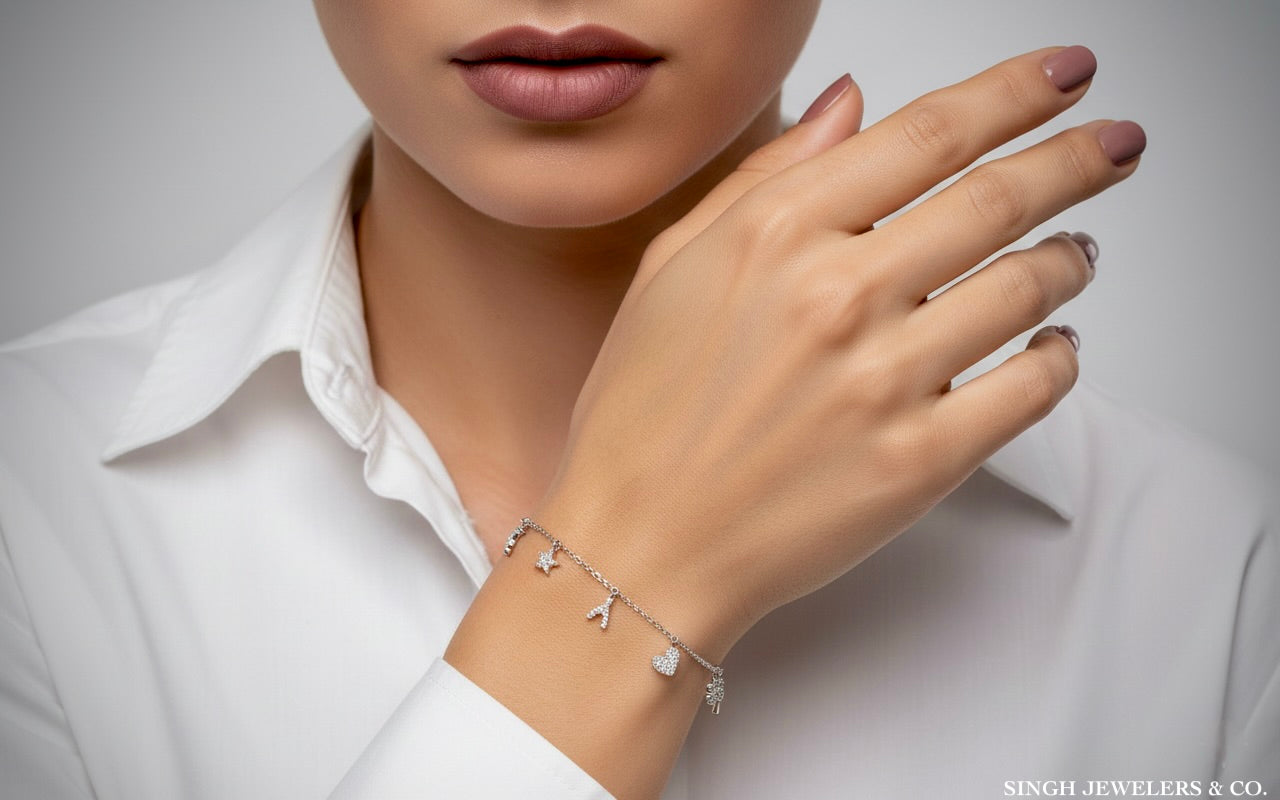 four leaf clover diamond charm on 925 sterling silver bracelet