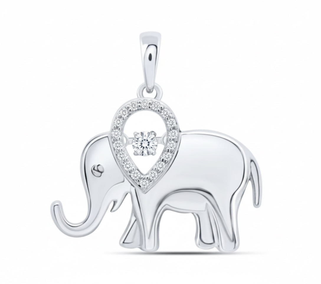 Silver elephant pendant with heart-shaped diamond on a white background
