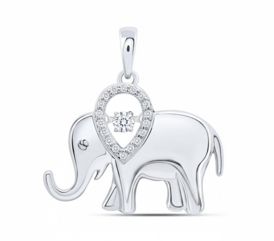 Silver elephant pendant with heart-shaped diamond on a white background