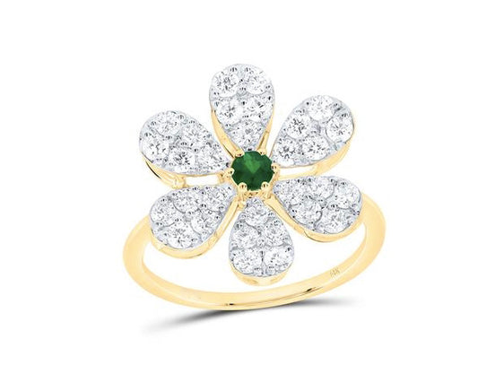 Diamond and emerald flower ring with 3mm round center stone