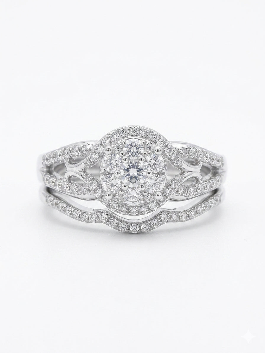 1/2 carat diamond bridal set in 10K white gold ring size 7 showing engagement ring and wedding band