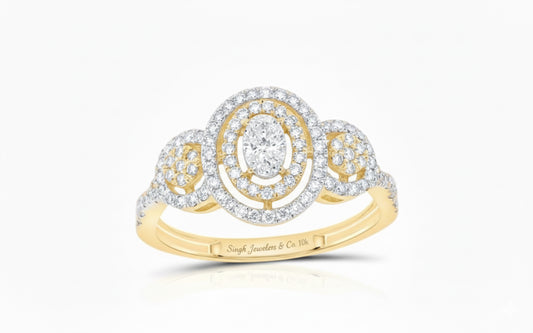 Gold ring with diamond accents on a white background