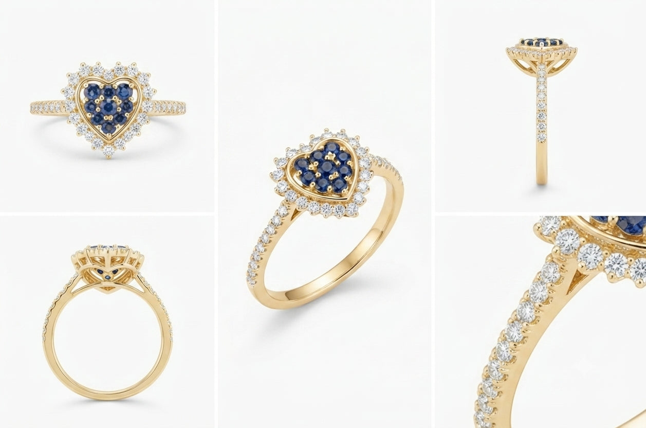 Natural diamond and blue sapphire heart ring