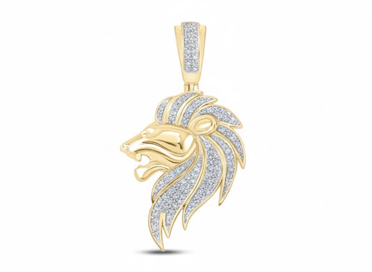 Gold lion head pendant with diamonds on a white background
