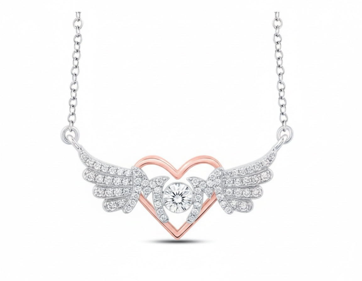 Sterling silver diamond Mom necklace with heart and angel wings