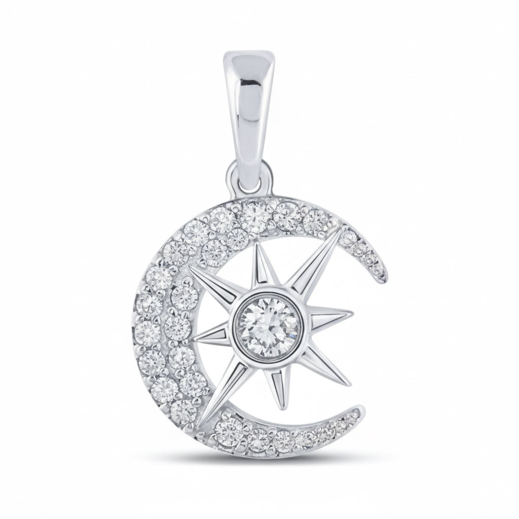10K gold crescent moon and star pendant with round diamonds