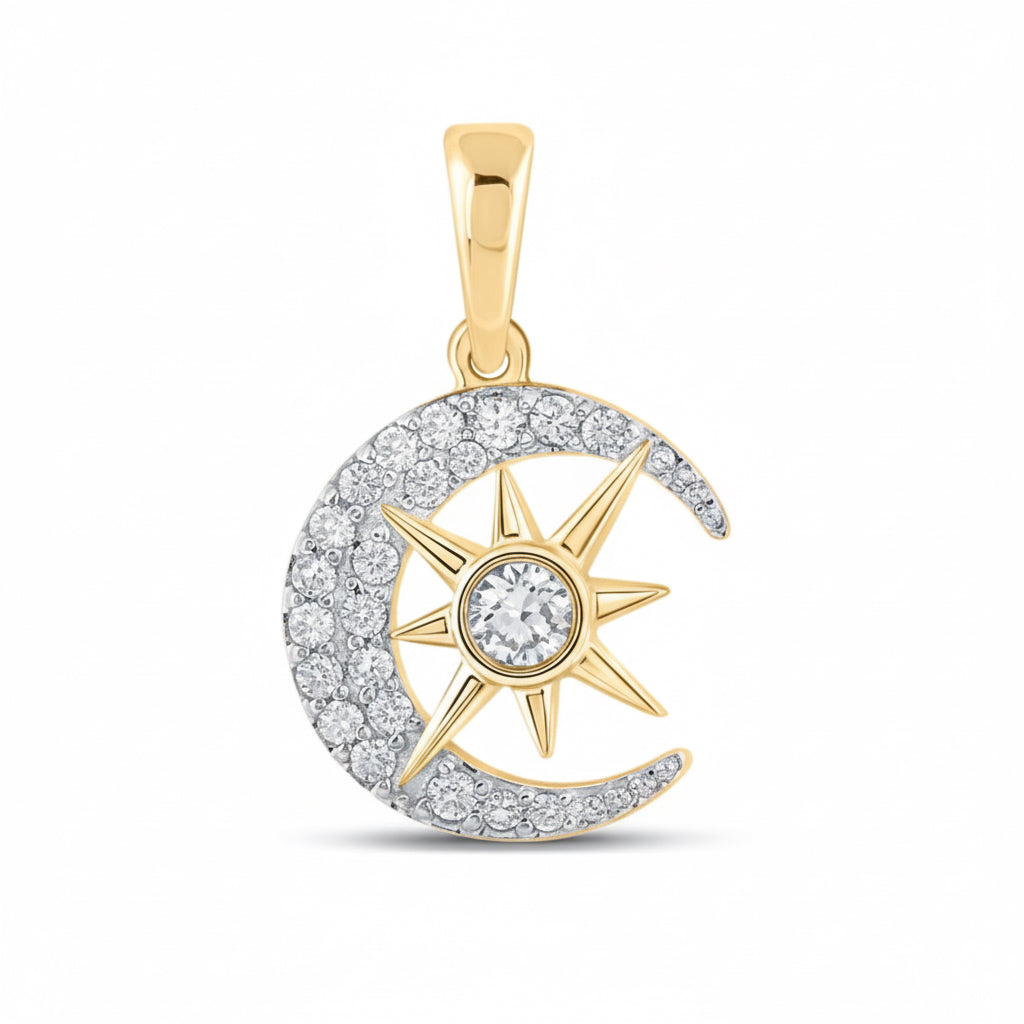 10K gold crescent moon and star pendant with round diamonds