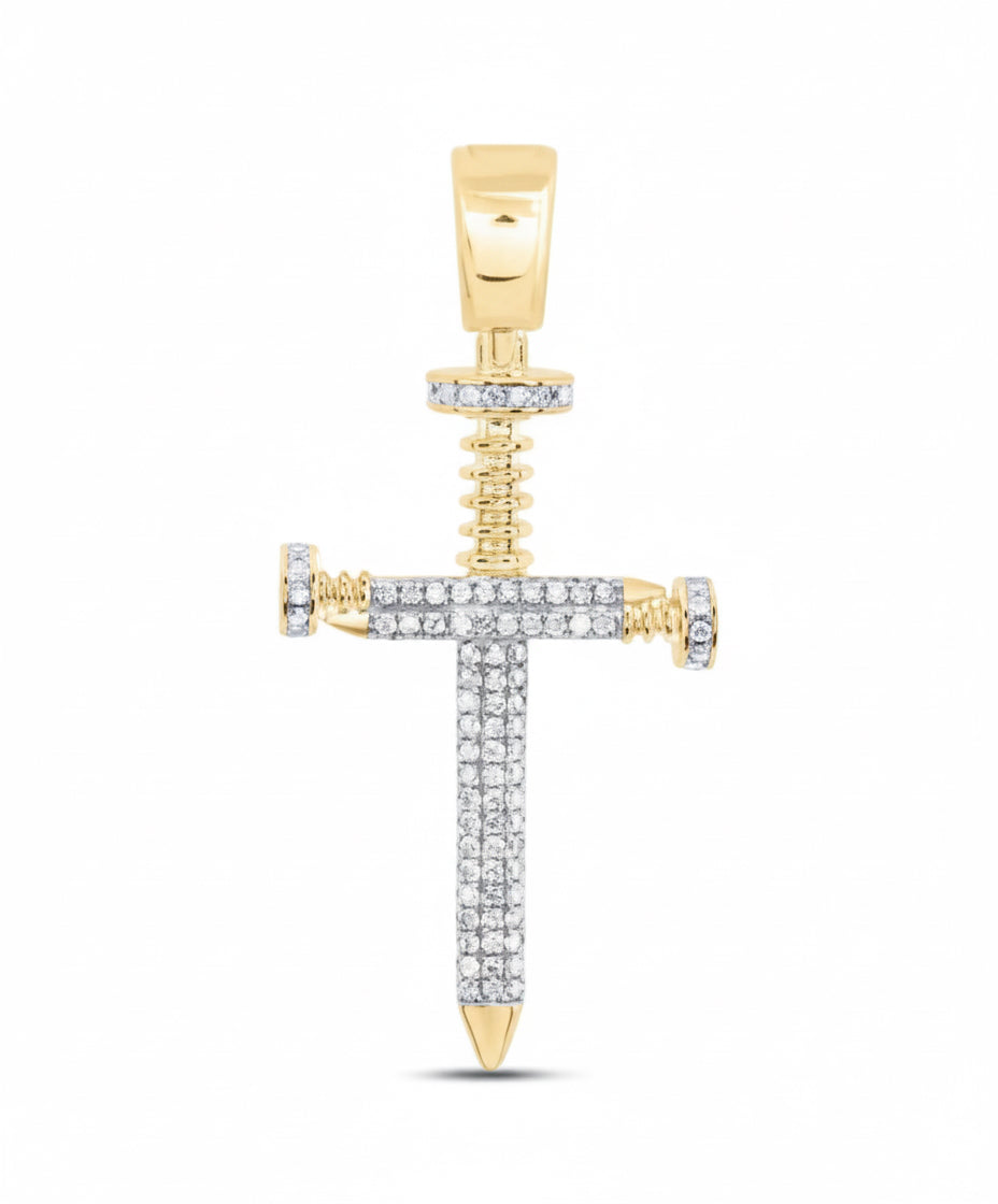 Modern nail cross pendant with round diamonds in 10K gold
