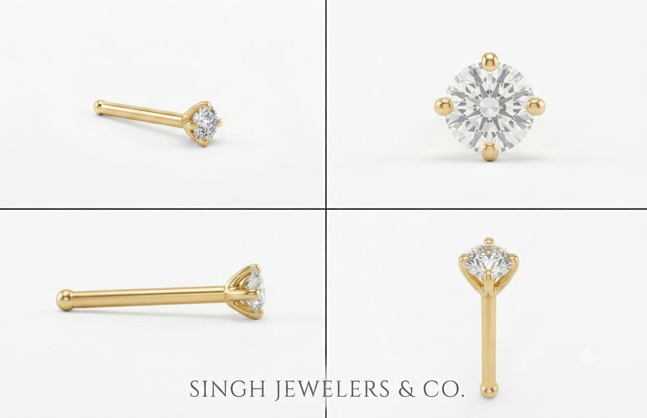 10K yellow gold diamond nose pin 22G 1mm lightweight stud jewelry