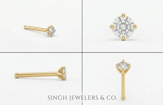 10K yellow gold diamond nose pin 22G 1mm lightweight stud jewelry