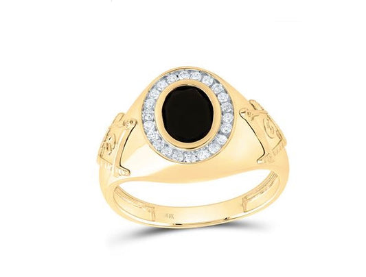 Men's ring featuring 1/5 CTW diamonds and 9x7mm oval onyx black stone in 10K yellow gold
