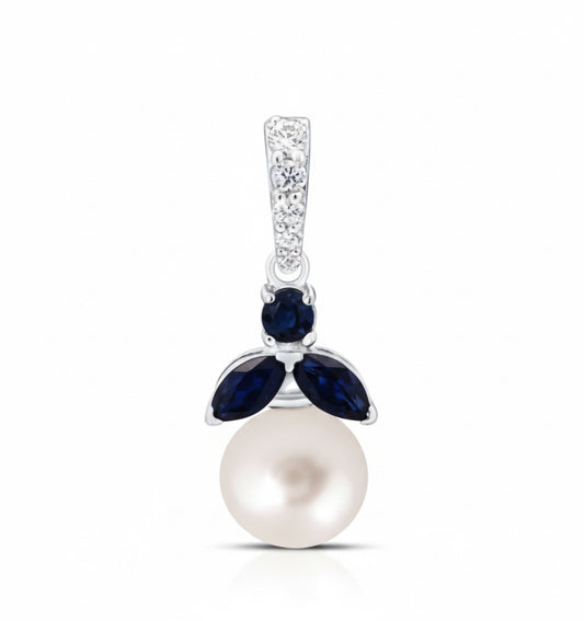 14K Gold Diamond, Pearl & Blue Sapphire Pendant