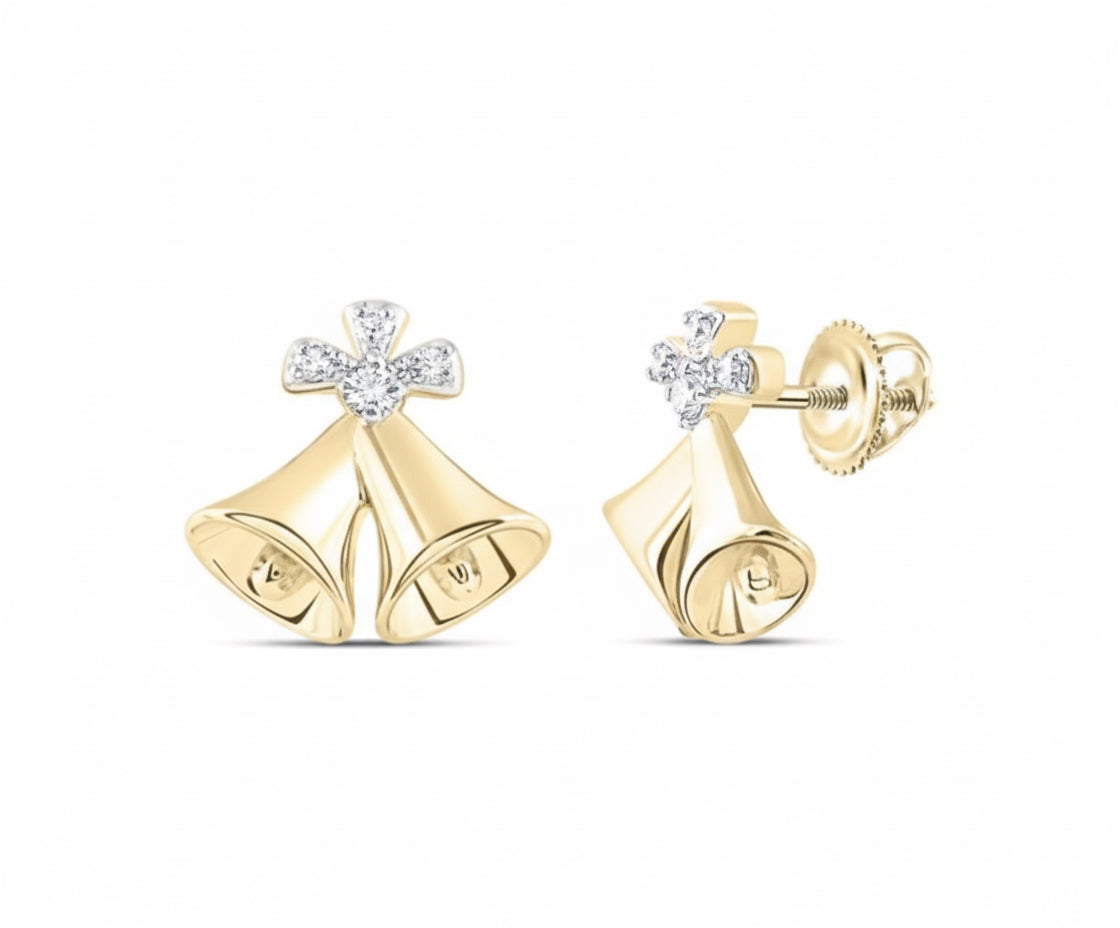 Gold bell-shaped earrings with clear gemstones on a white background