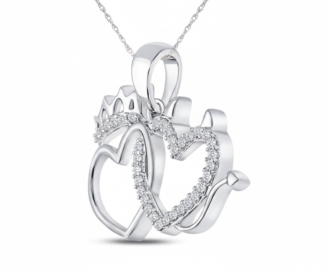 Silver heart-shaped pendant with a crown design on a white background