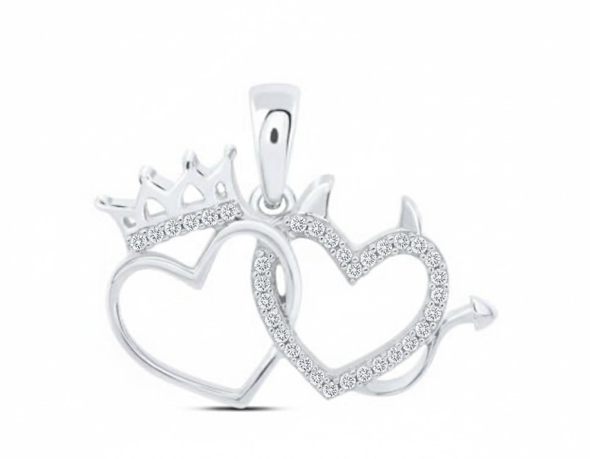 Silver pendant with two interlocking hearts and a crown on a white background