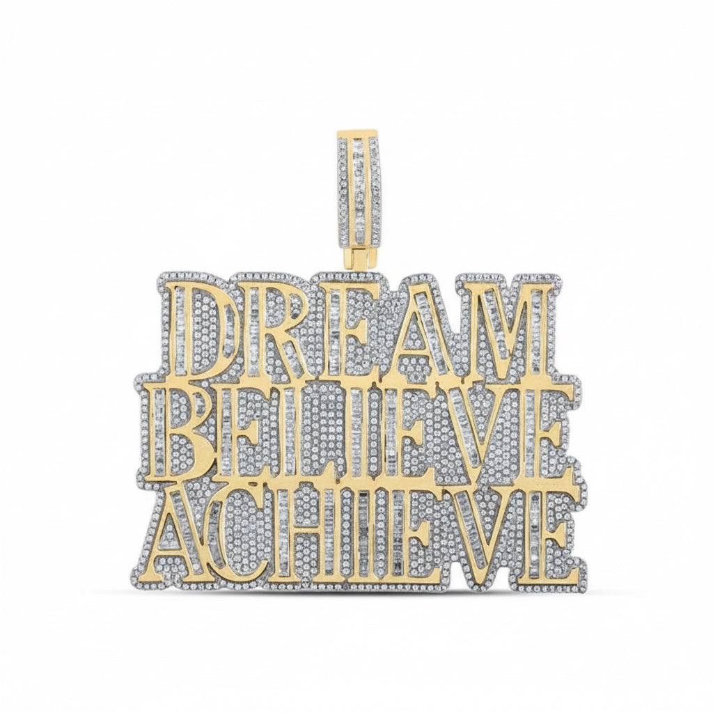 10K yellow gold phrase charm pendant with baguette diamonds spelling “Dream Believe Achieve” totaling 4.5 carats