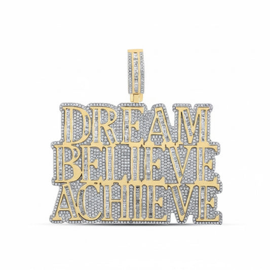 10K yellow gold phrase charm pendant with baguette diamonds spelling “Dream Believe Achieve” totaling 4.5 carats