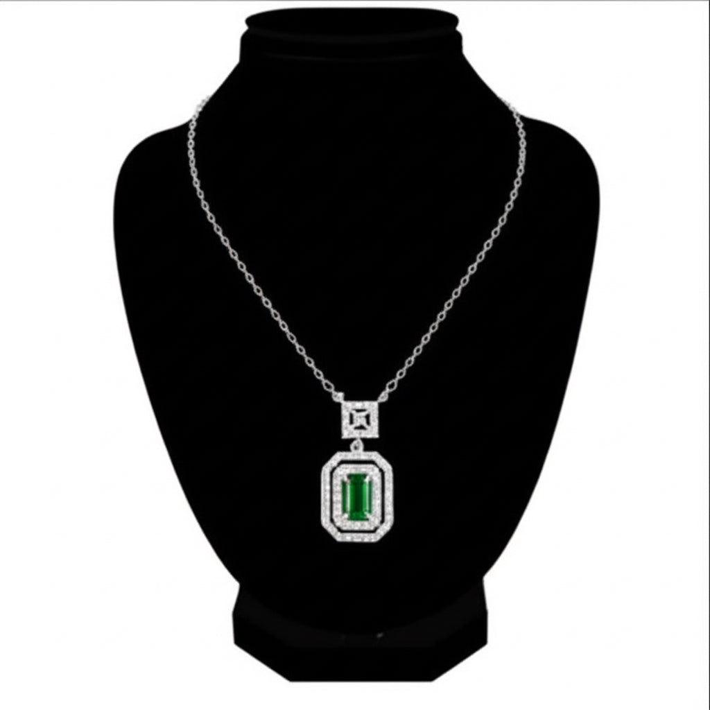 Emerald cut green stone necklace with 925 sterling silver chain