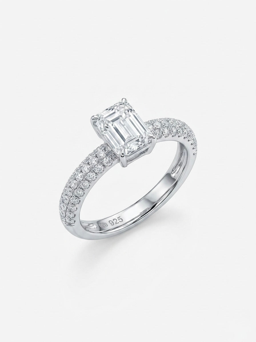 Emerald cut moissanite engagement ring in 925 sterling silver