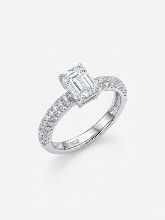 Emerald cut moissanite engagement ring in 925 sterling silver