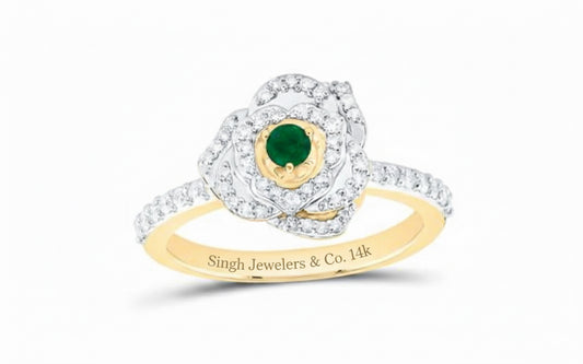 Rose-shaped emerald and diamond ring in 14K gold