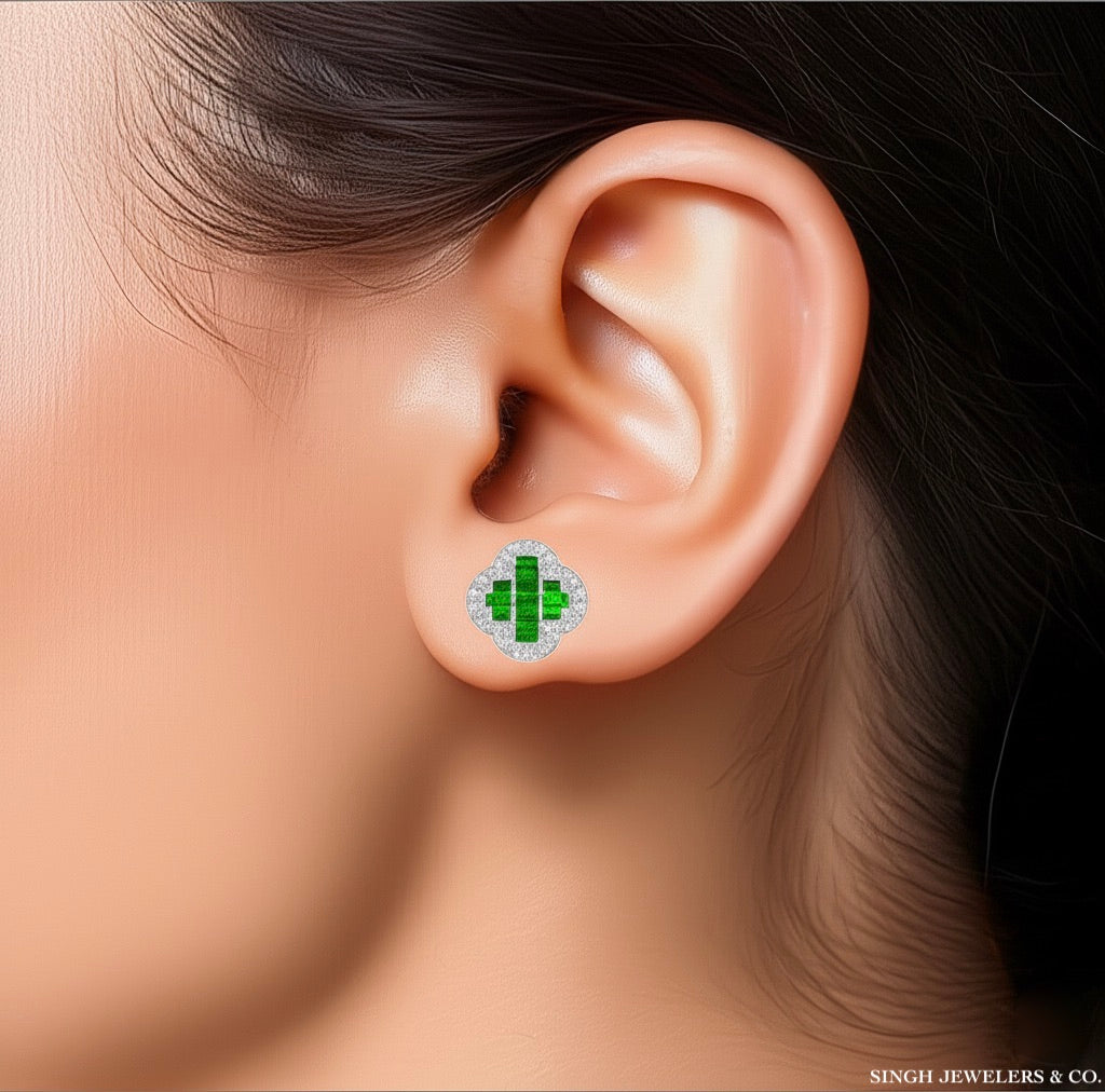 10mm sterling silver clover earrings with emerald green moissanite stones