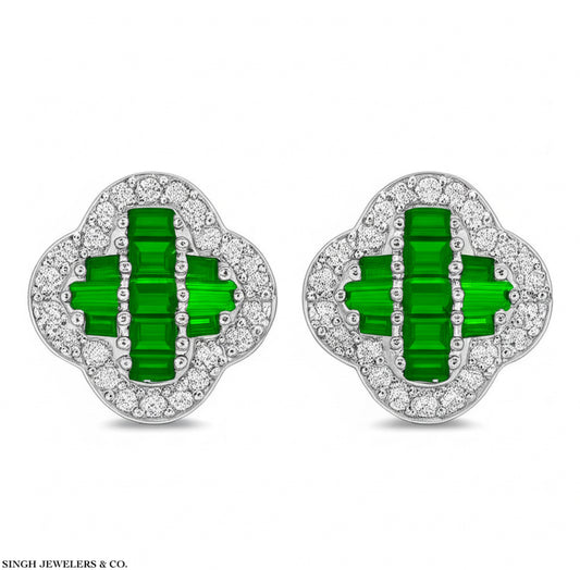10mm sterling silver clover earrings with emerald green moissanite stones