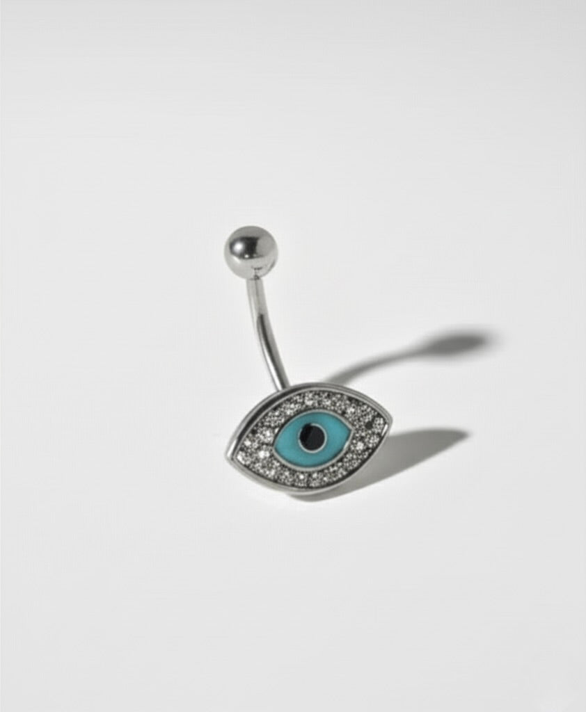 Evil Eye good luck belly button ring made from 316L surgical stainless steel with protective blue eye charm