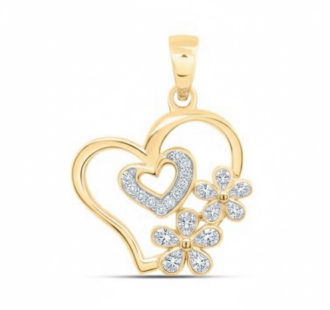 Gold pendant with heart design and small flower on a white background