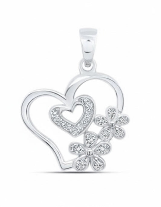 Silver pendant with heart design and floral elements on a white background