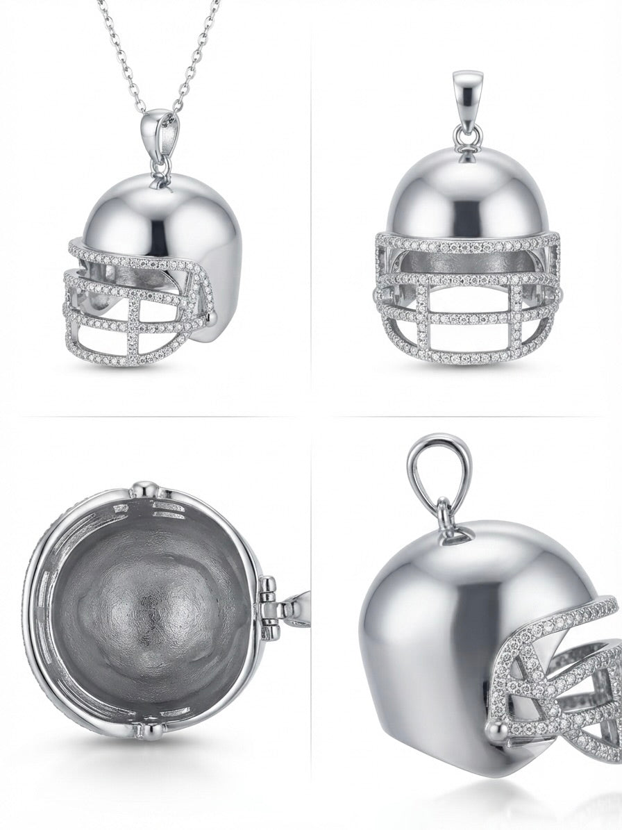 Football helmet jewelry charm embellished with sparkling white sapphires showing different angles