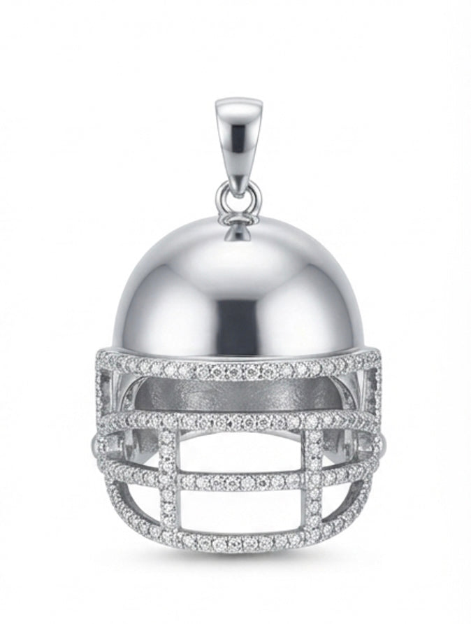 Football helmet jewelry charm embellished with sparkling white sapphires.