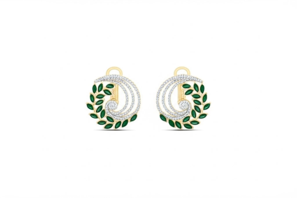 Pair of earrings with green leaf design on a white background