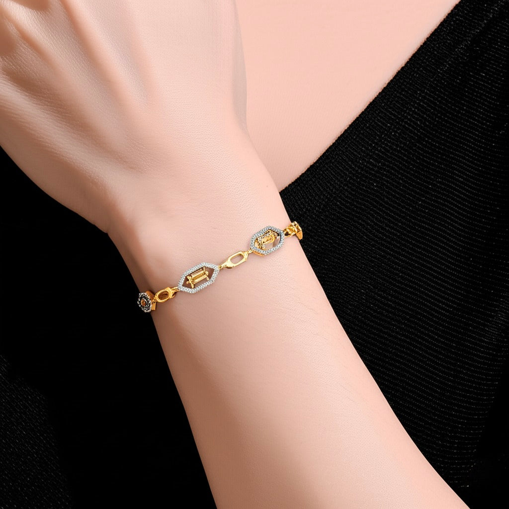 Model wearing 1/2 CTTW geometric diamond bracelet in yellow gold