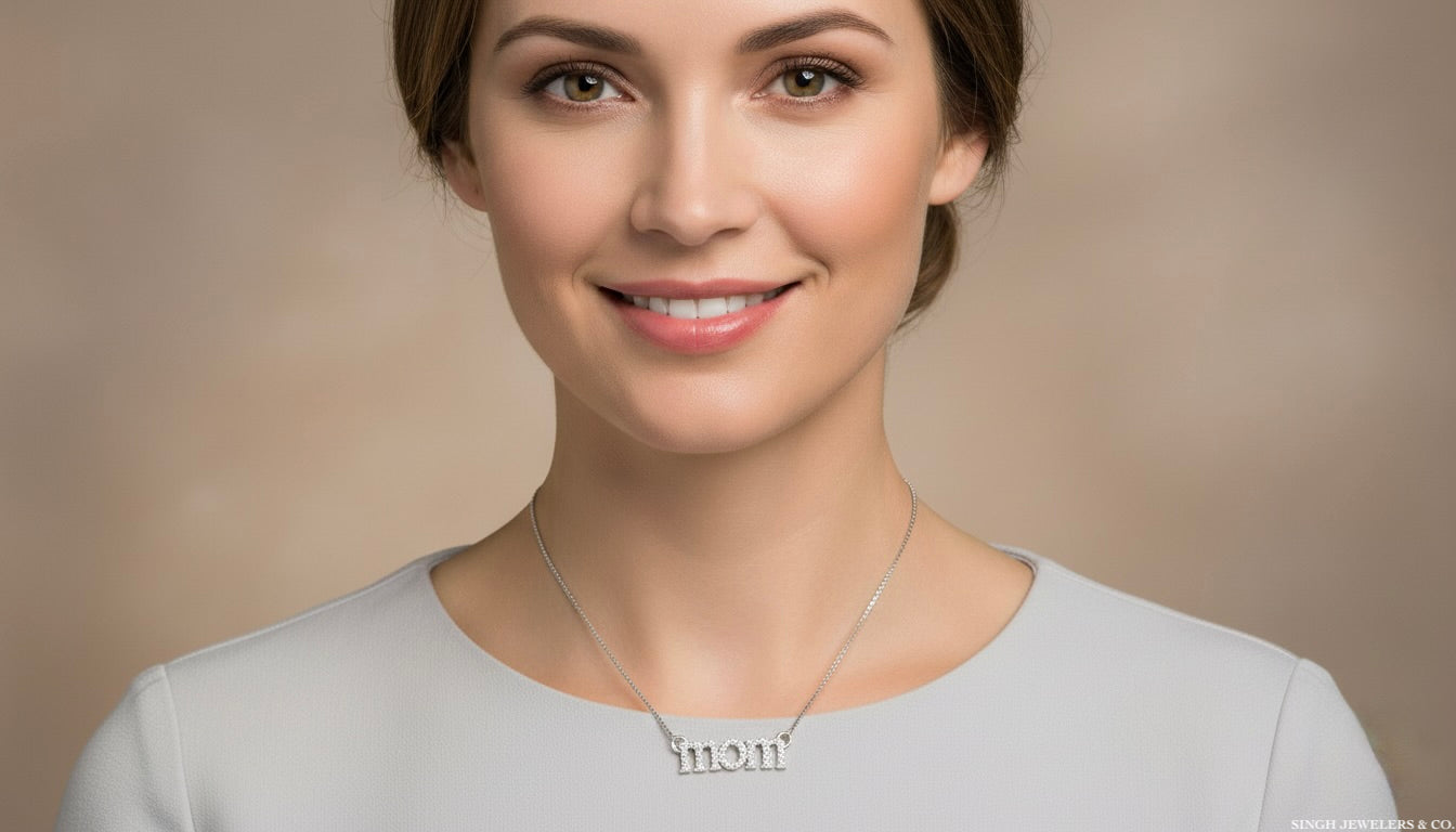 Sterling silver MOM necklace with round diamond pendant, 1/20 CTTW