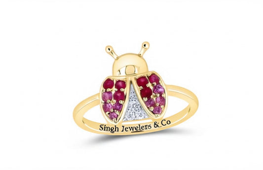 10K yellow gold ring with ruby, pink sapphire and natural diamond stones
