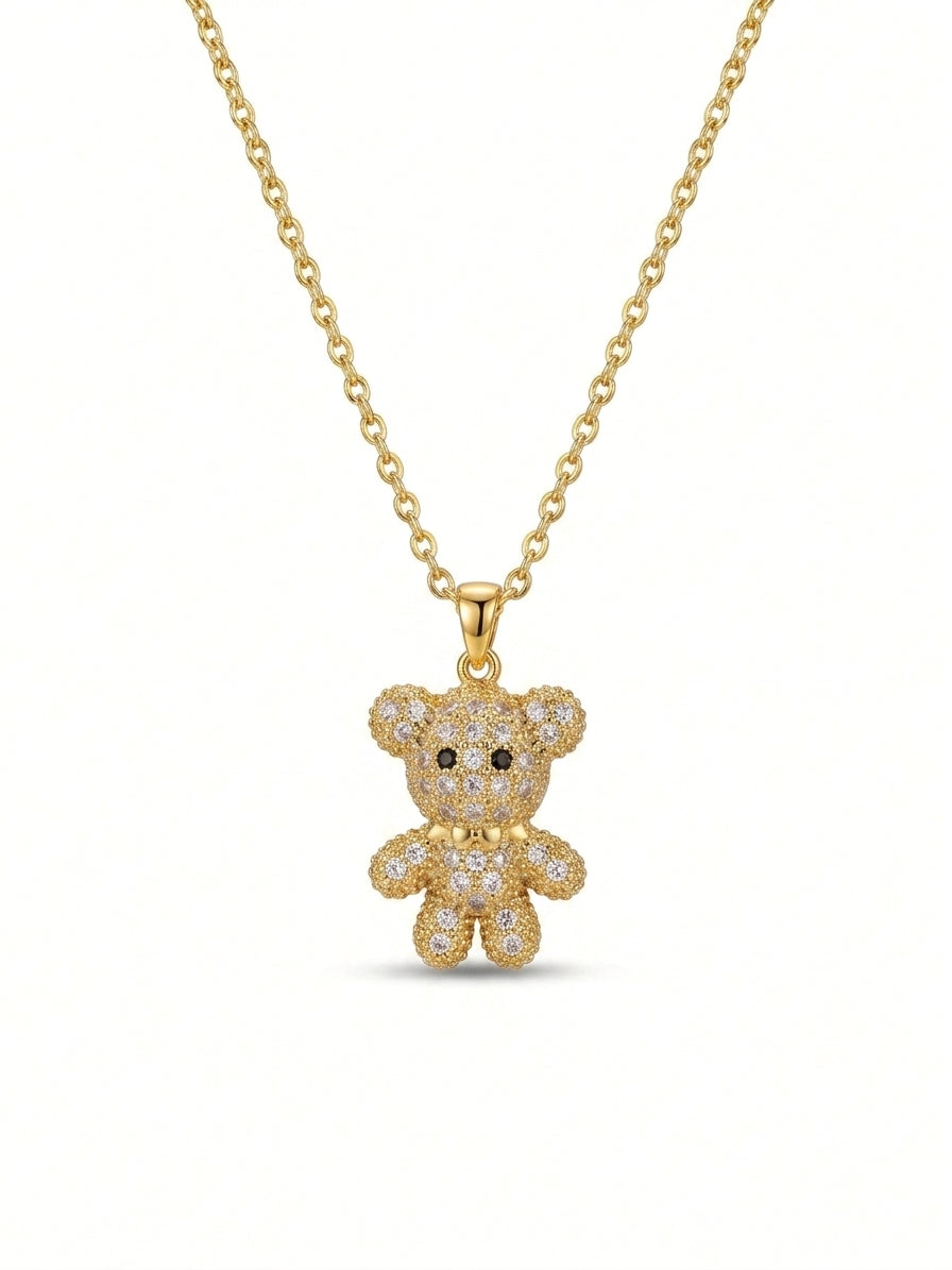 Gold tone stainless steel teddy bear necklace with white sapphires